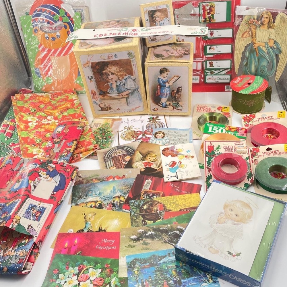 Vintage Christmas Gift Wrap Cards Boxes Ribbon Lot Victorian Retro 1980s Estate